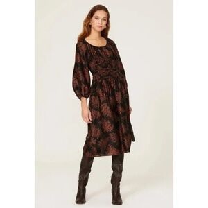 REBECCA TAYLOR Arden Fern Print Black Brown Long Sleeve Dress Smocked Medium